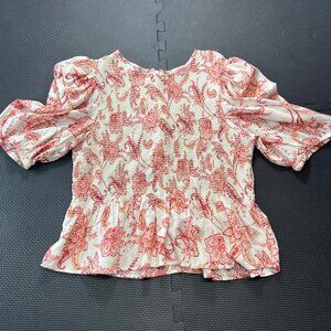 Express Womens Floral Smocked Puff Sleeve Peplum Blouse Size L White/Red Lightwe